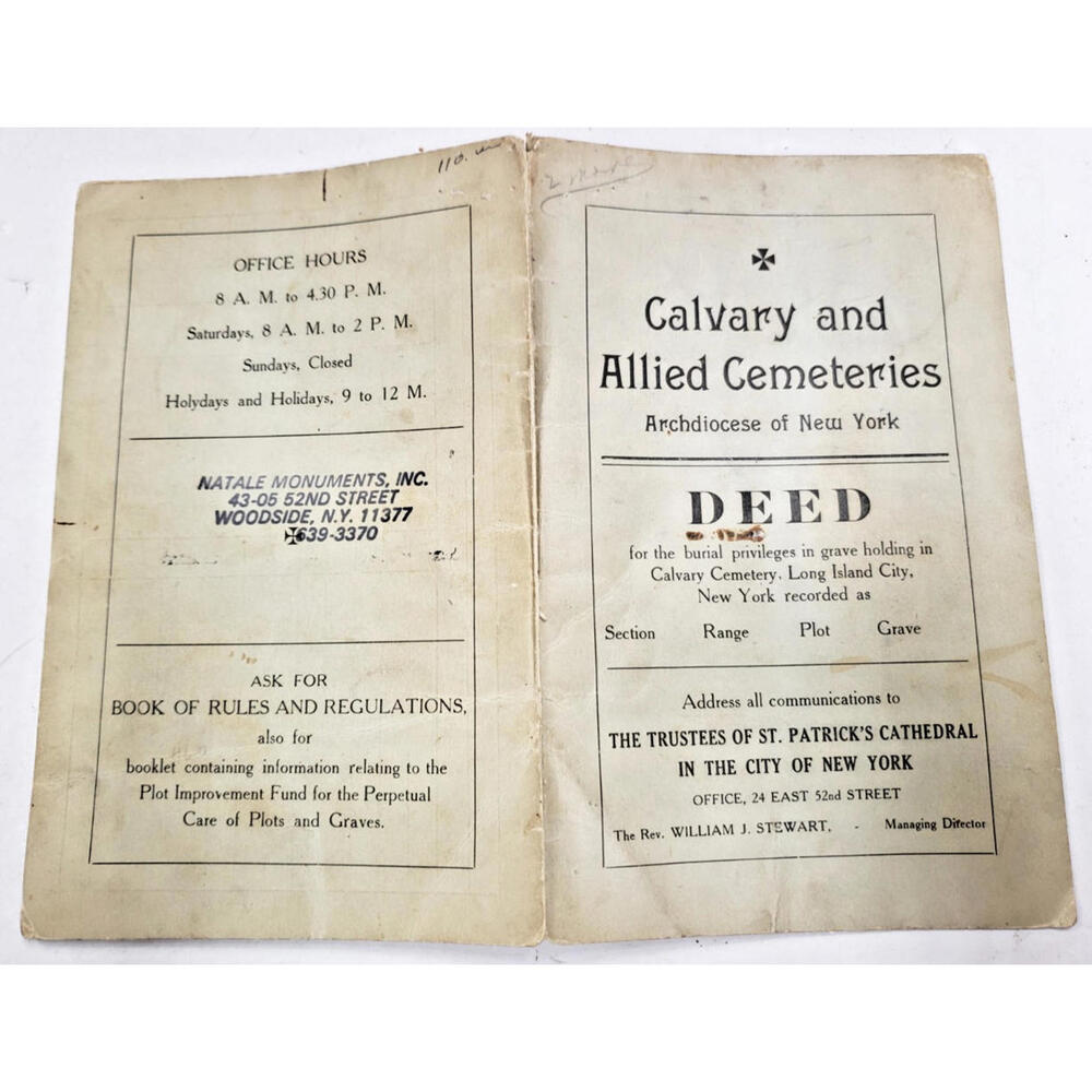Vintage 1918 Pamphlet for Calvary and Allied Cemeteries in New York, Deed